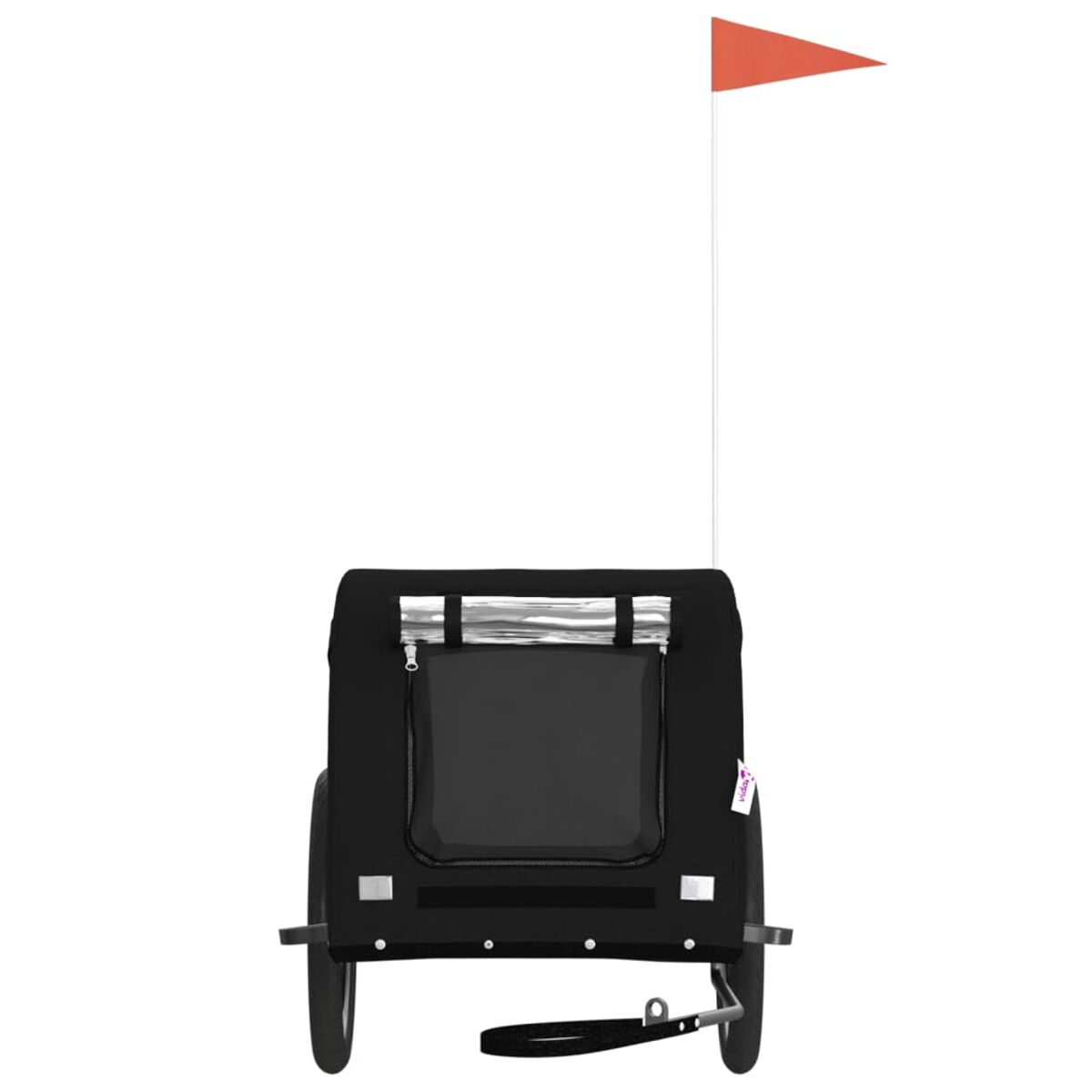 Schwarzer Haustieranhänger mit orangefarbener Flagge. Schwarze Abdeckung mit Fenster. Rote Flagge.