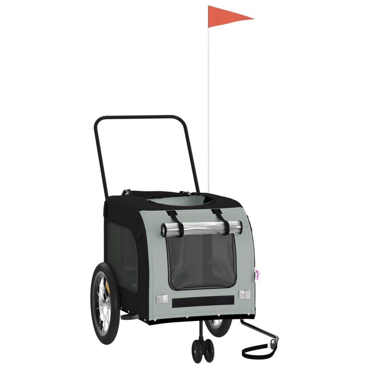 Haustier-Anhängerwagen mit roter Flagge. Grüne und schwarze Farben. Weißer Hintergrund.