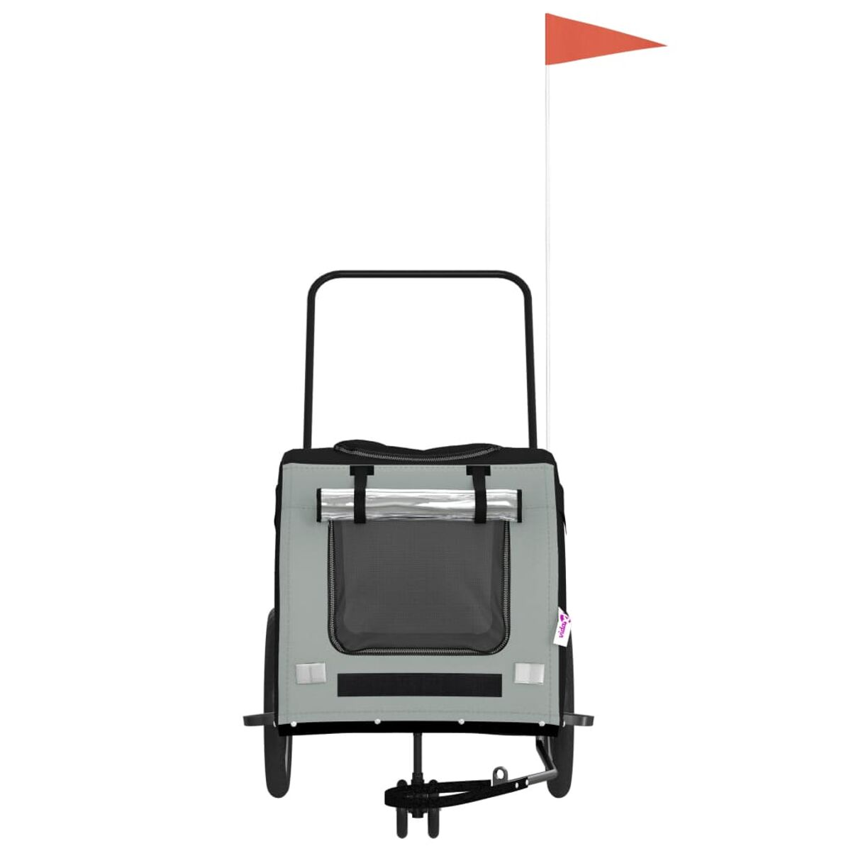 Grauer Tieranhänger mit schwarzem Griff und einer orangefarbenen Flagge. Hat ein Netzfenster.