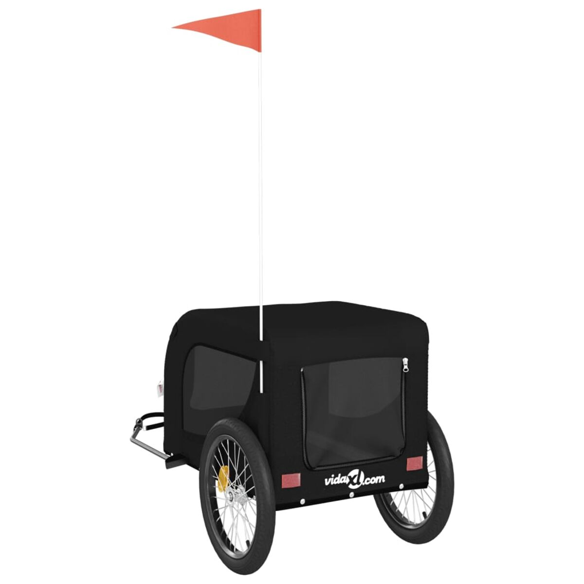 Schwarzer Fahrradanhänger mit roter Flagge, zwei Rädern und Fenster. Aufschrift VidaXL.com.