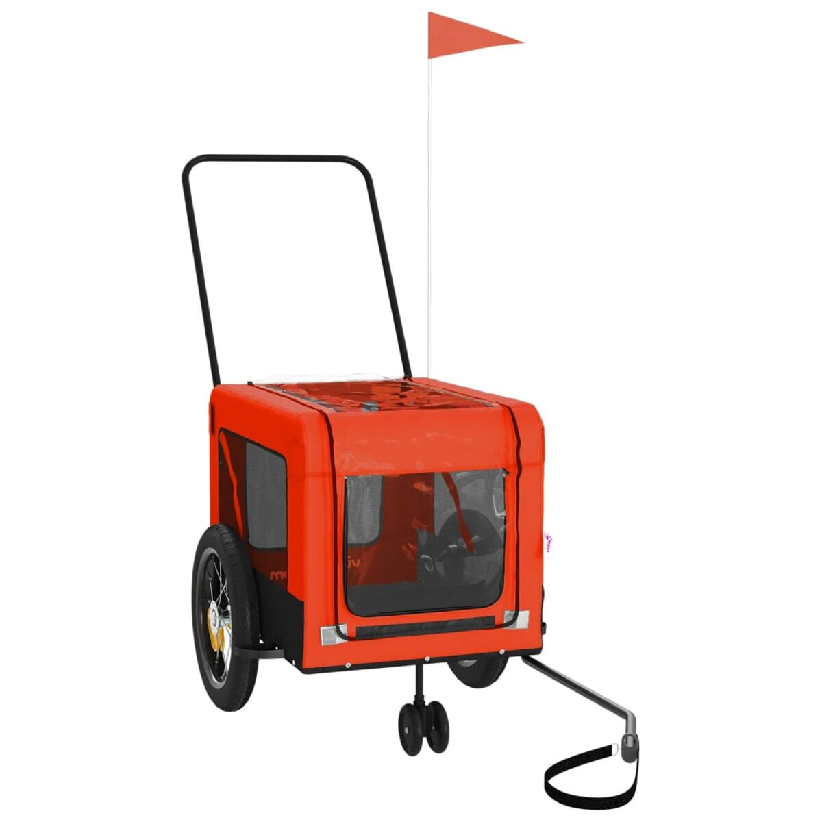 Ein orangefarbener Hundeanhänger mit Flagge. Er hat Räder und einen Griff.