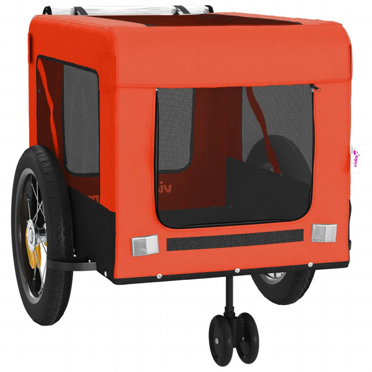 Ein orangefarbener Haustieranhänger mit schwarzen Netzfenstern, zwei Rädern hinten und je einem Rad seitlich.