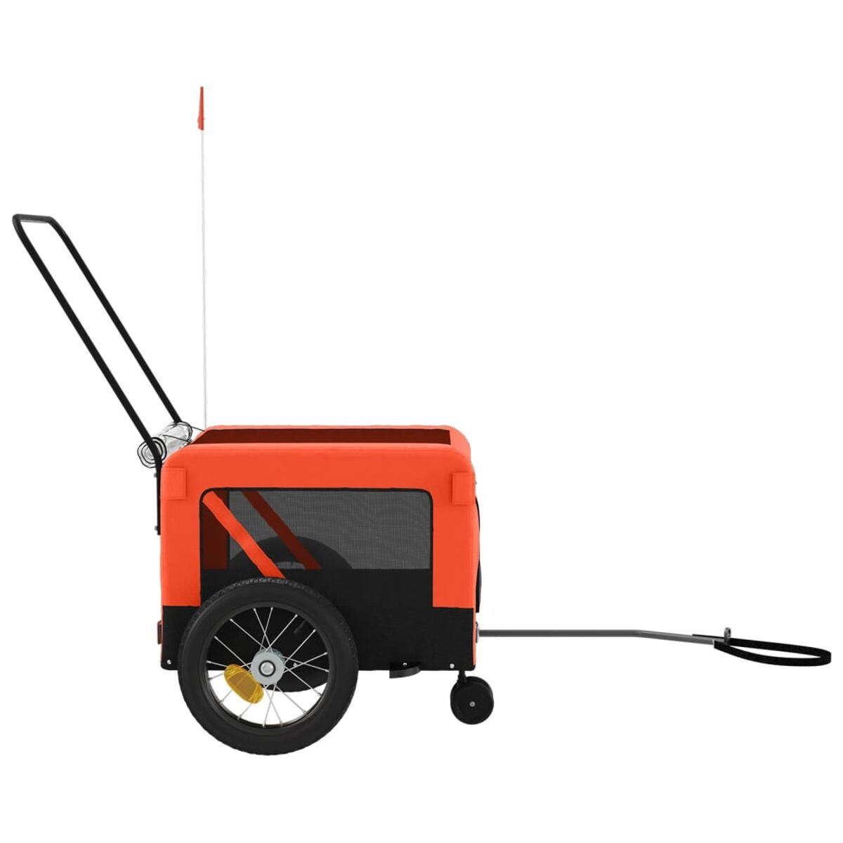 Ein orangefarbener Hundeanhänger mit schwarzem Rad und roter Fahne. Der Griff ist sichtbar.