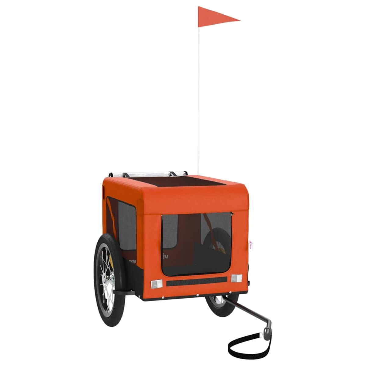 Ein orangefarbener Haustieranhänger mit roter Flagge. Es hat zwei Räder und einen schwarzen Griff.
