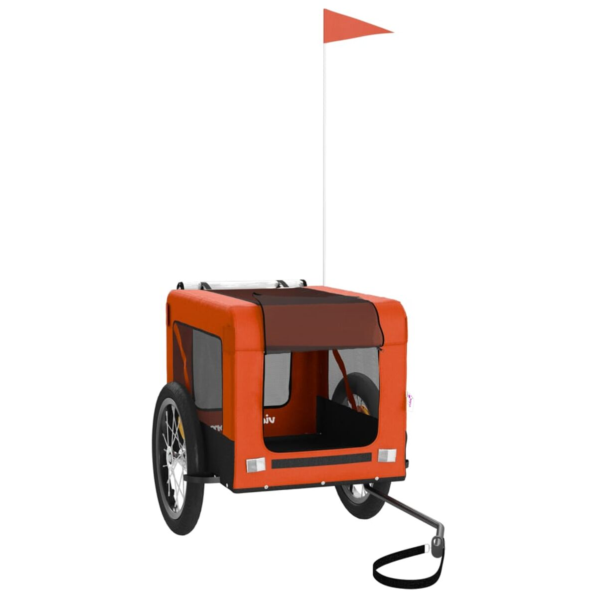 Oranger Haustier-Fahrradanhänger. Schwarze Verkleidung, Netzfenster. Zwei Räder. Orangefarbene Fahne.