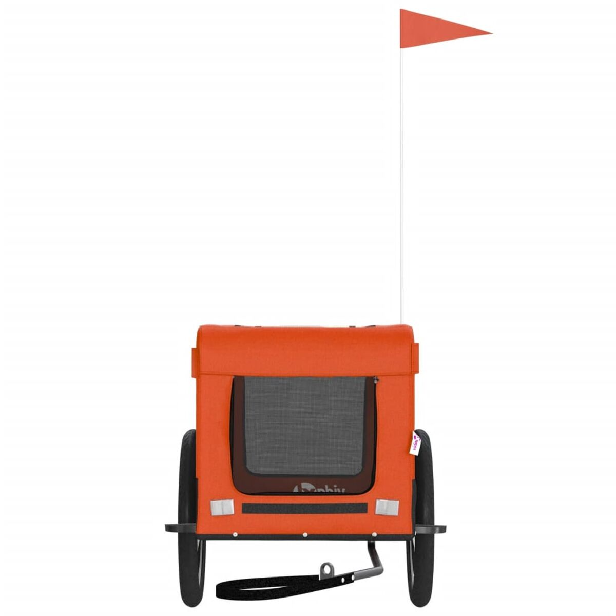 Orangener Fahrradanhänger mit schwarzen Rädern und roter Fahne. Hat ein Netzfenster.