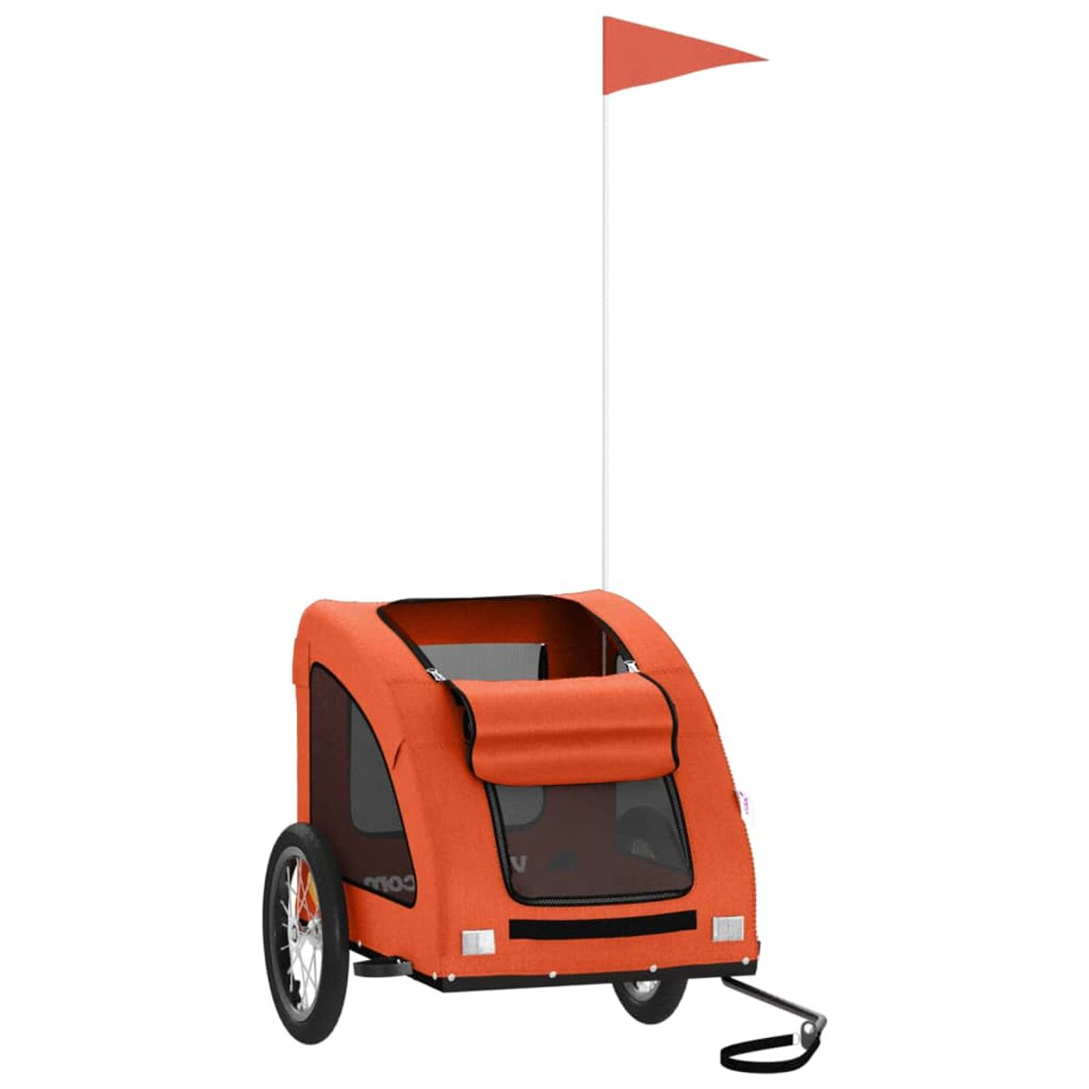 Oranger Fahrradanhänger mit Flagge und zwei Rädern, mit schwarzem Griff.