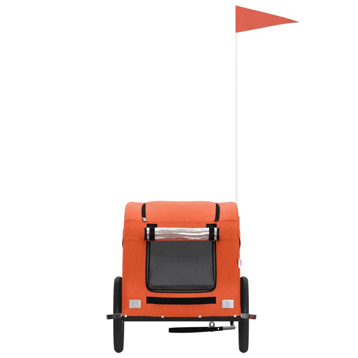 Ein orangefarbener Haustieranhänger mit einer Flagge auf weißem Hintergrund.