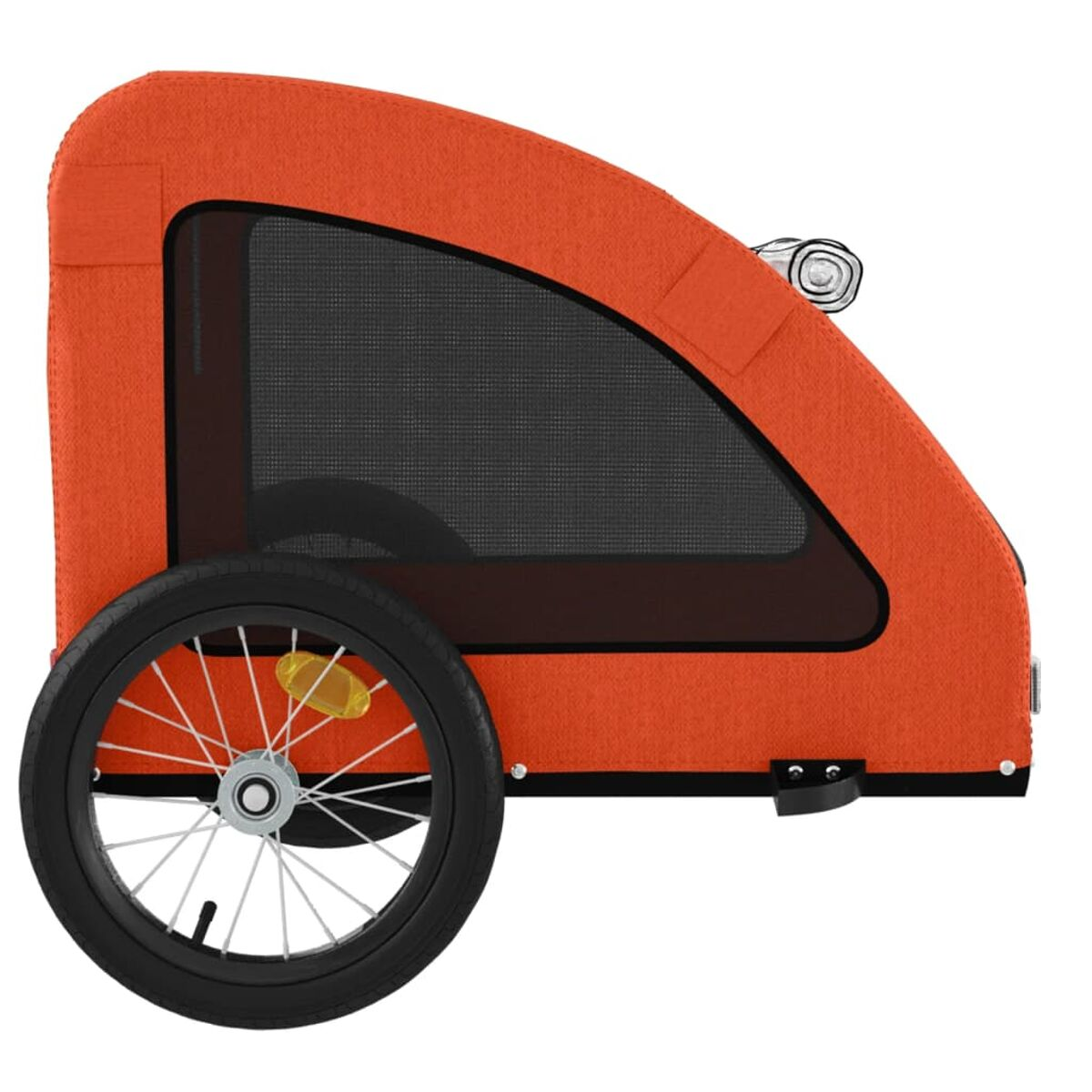 Orangener Haustieranhänger. Schwarzes Rad. Netzfenster. Für den Haustiertransport. Seitenansicht.