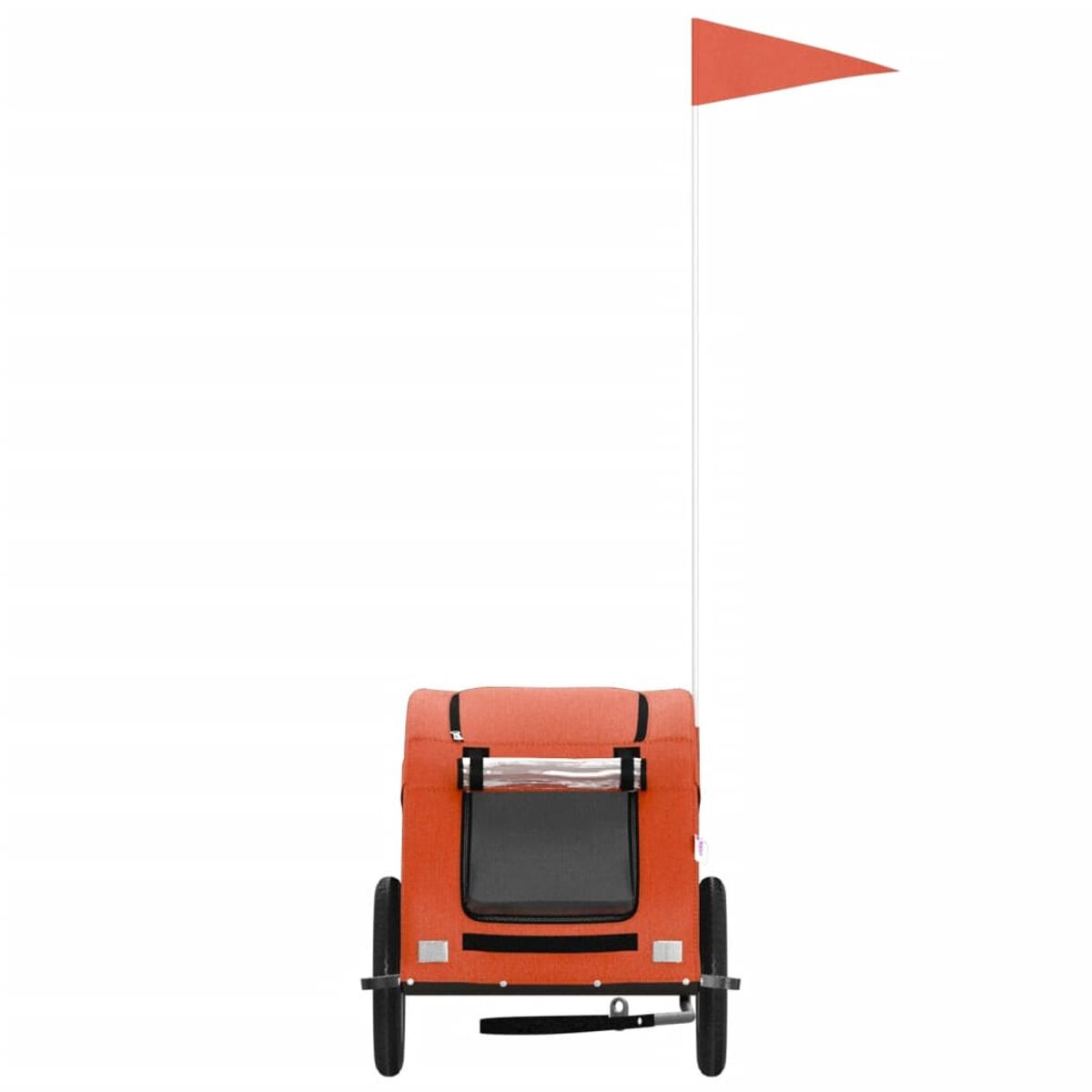 Ein orangefarbener Haustieranhänger mit schwarzen Rädern und roter Flagge auf weißem Hintergrund.
