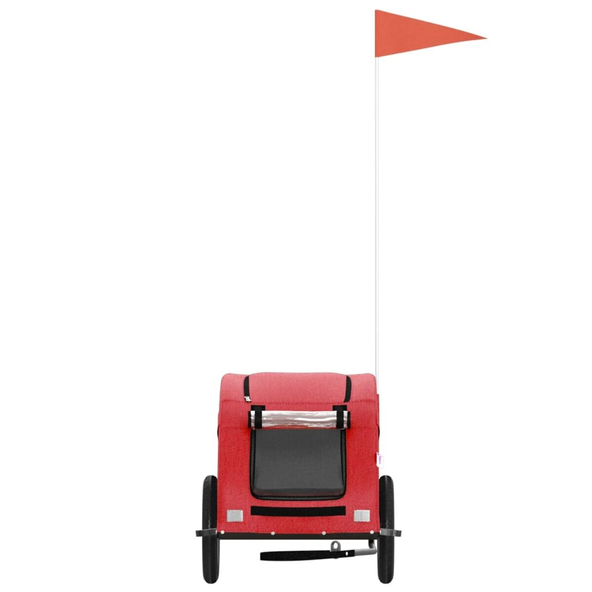 Roter Wagen, schwarze Räder. Eine weiße Stange mit einer orangefarbenen Flagge.