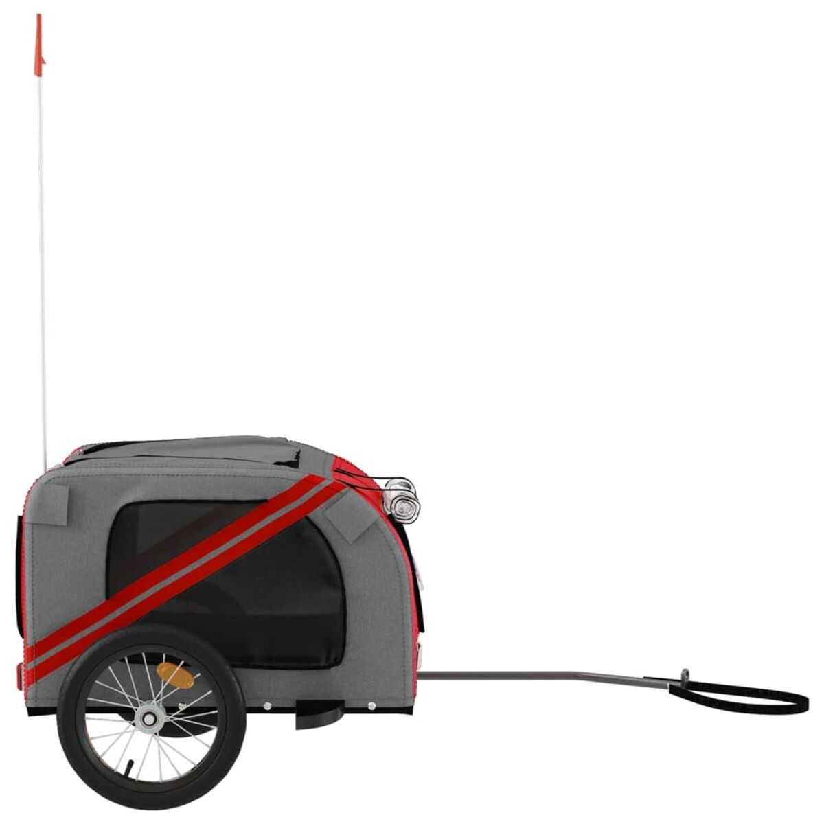 Grauer Haustieranhänger, roter Streifen, orangefarbene Flagge. Schwarzes Rad, Deichsel. Roter Akzent.