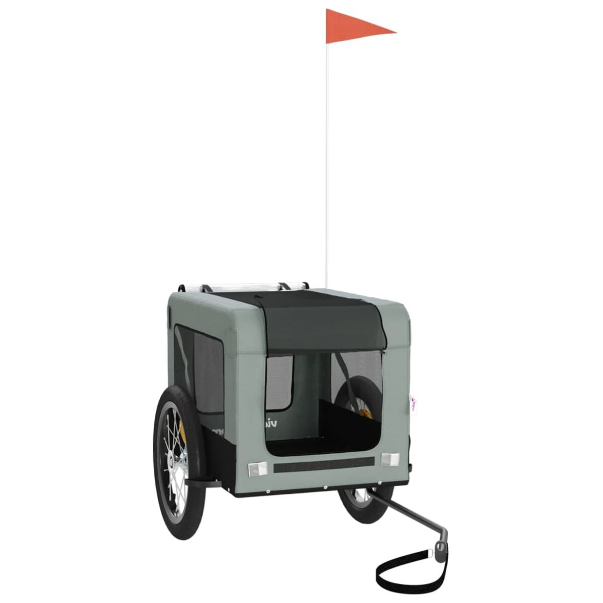 Ein grüner Haustieranhänger mit Flagge, schwarzen Rädern und Nettofenstern.