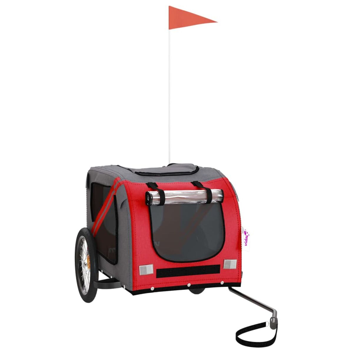 Ein roter und grauer Babyanhänger mit einem Rad, einer Flagge und einem schwarzen Griff.
