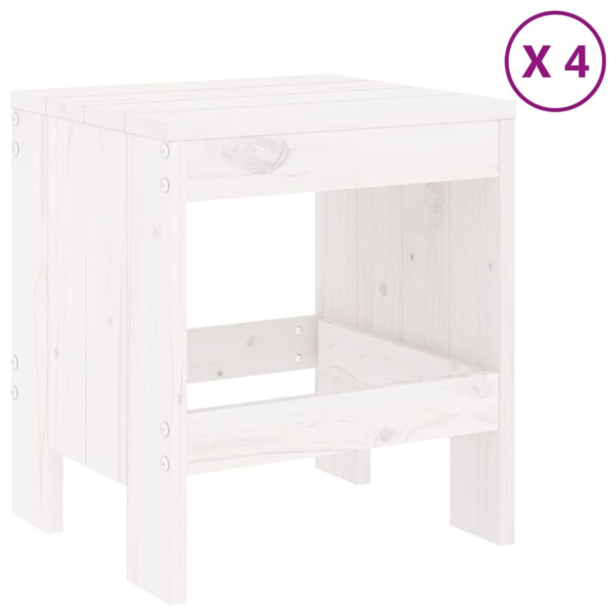 Weißer Holz-Beistelltisch, vier Stück. Der Tisch hat eine quadratische Form.