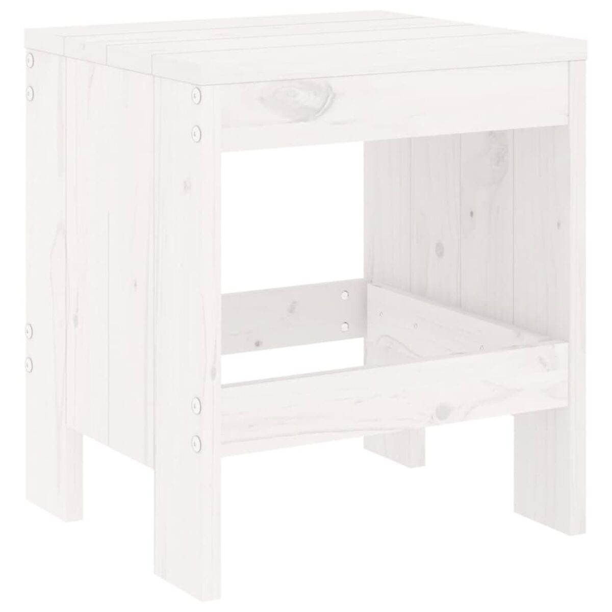 Weißer Beistelltisch aus Holz. Einfaches Würfeldesign. Sichtbare Schrauben. Isoliert auf weißem Hintergrund.