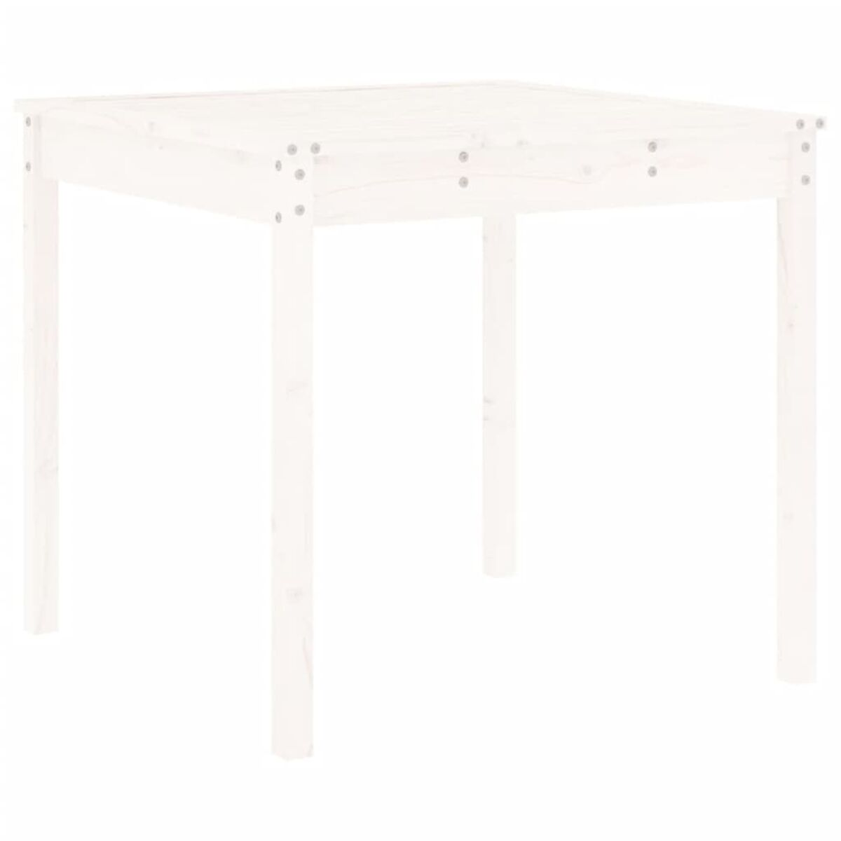 Weißer quadratischer Holztisch mit vier Beinen. Der Tisch ist schlicht und einfach mit sichtbaren Schrauben.