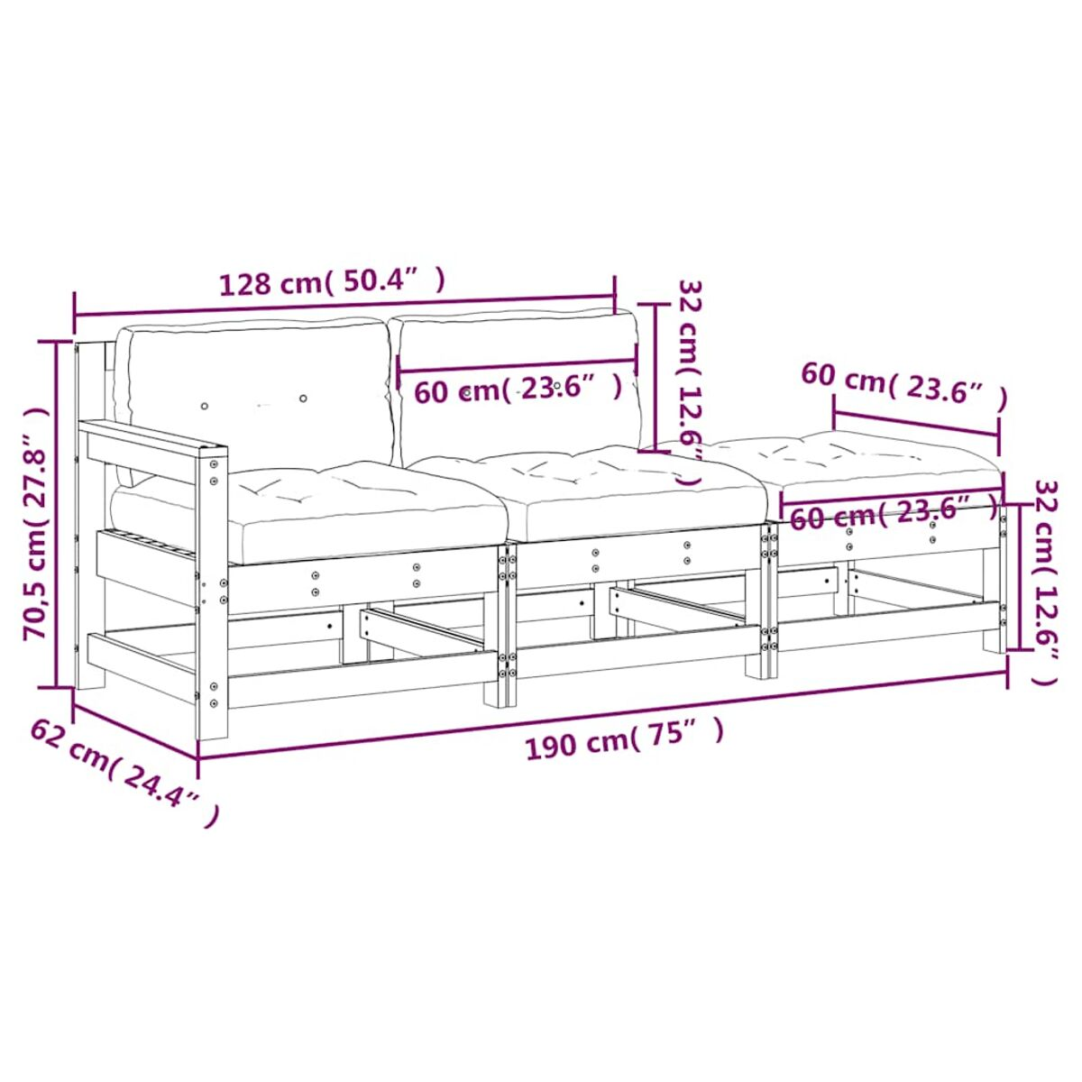 Holzsofa mit angezeigten Abmessungen. Es hat Kissen und Armlehnen.
