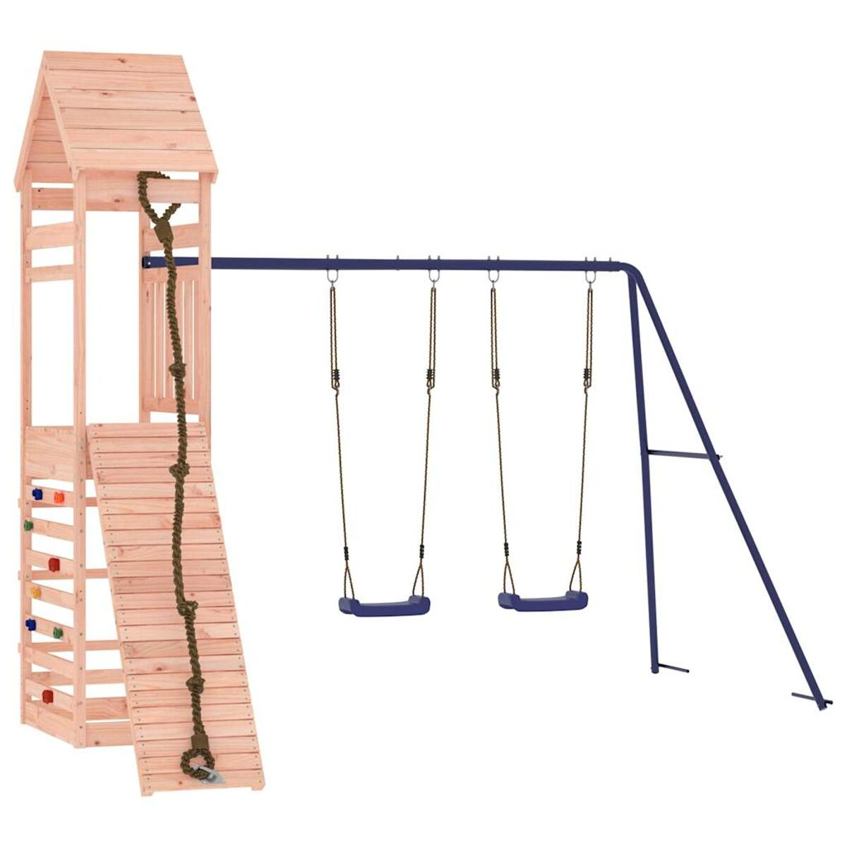 Holzspielplatz mit Rutsche, Kletterseil, Kletterwand und Schaukeln. Blauer Metallrahmen.
