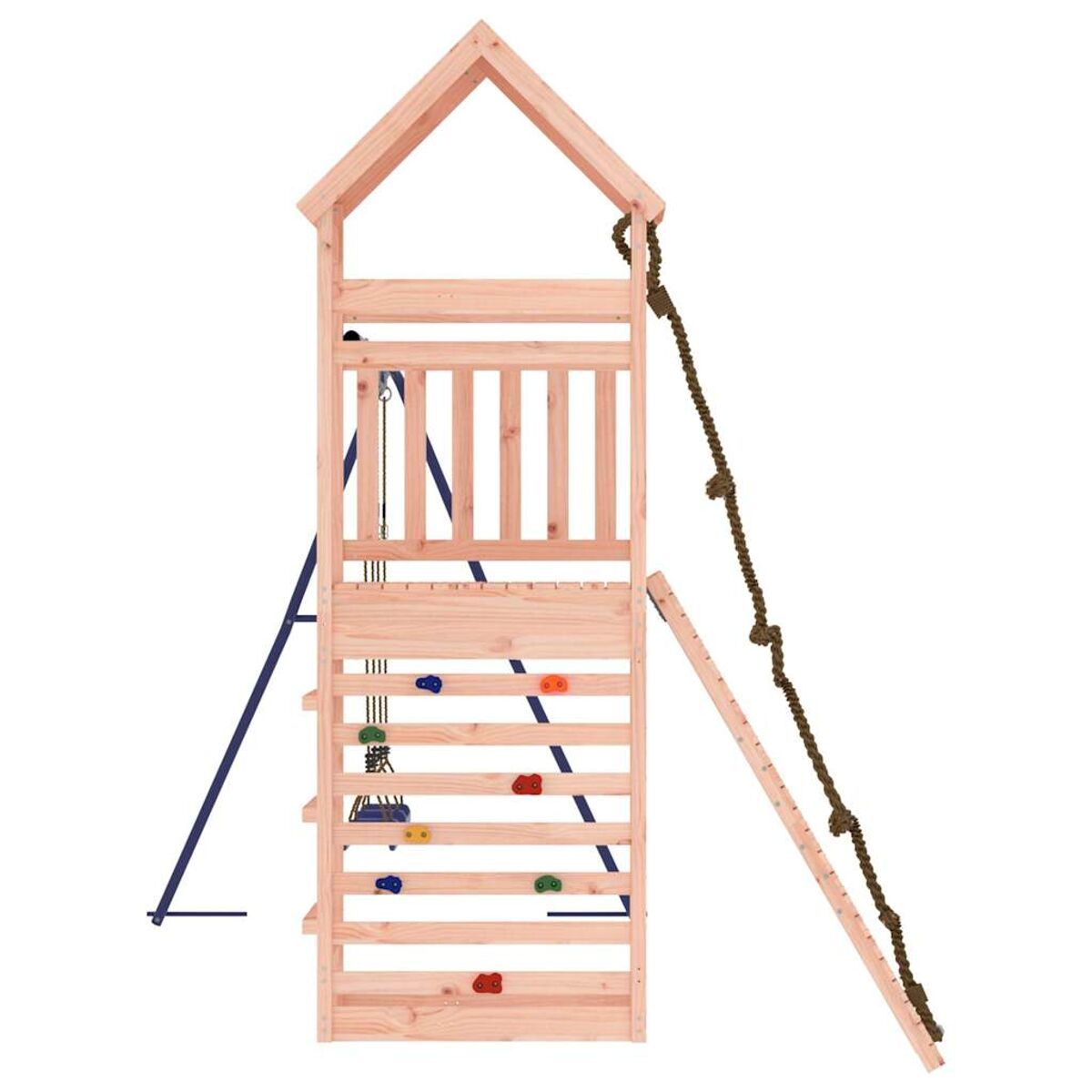 Holzspielplatz mit Kletterwand und Leiter.