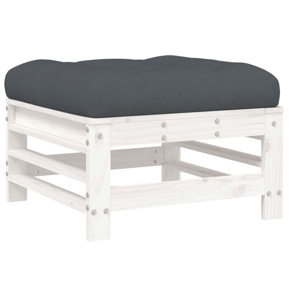 Graue Ottomane im Futon-Stil auf weißem Holzrahmen, isoliert.