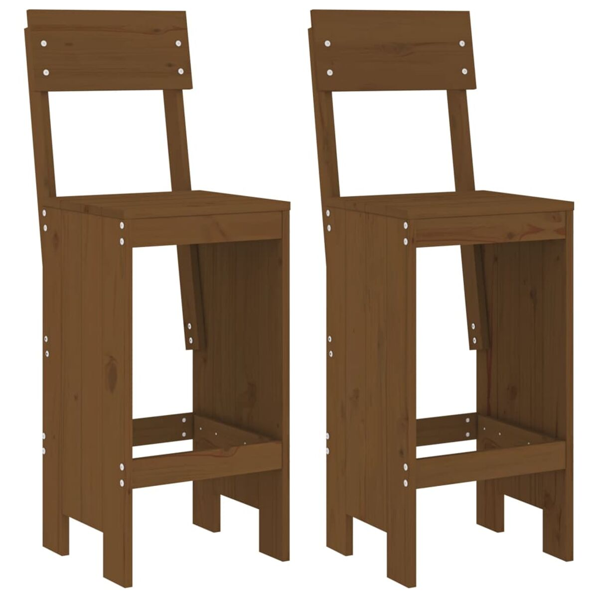 Zwei braune Barhocker aus Holz. Sie haben hohe Rückenlehnen und Fußstützen.