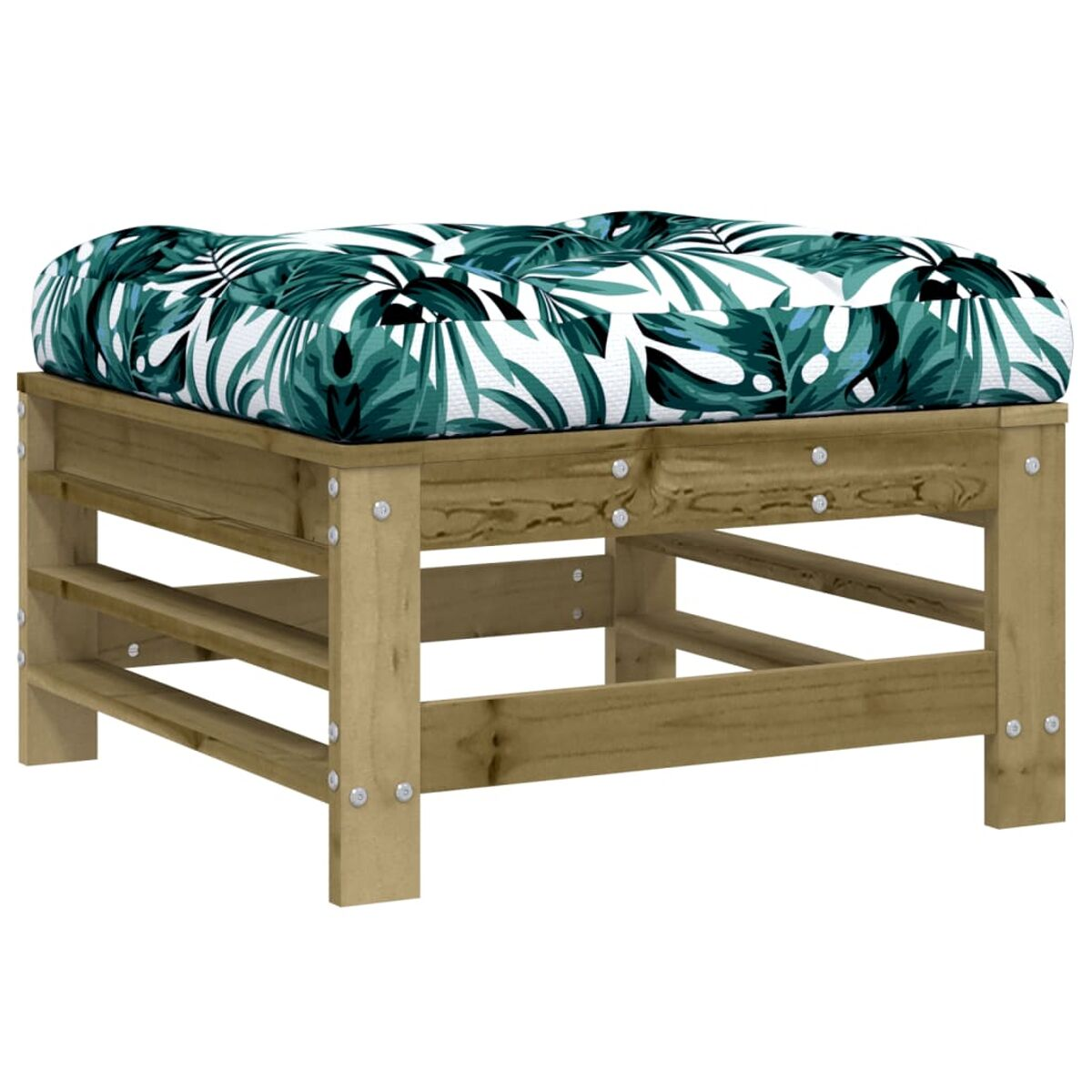Hocker aus Holz mit Kissen mit grünem Blättermuster.