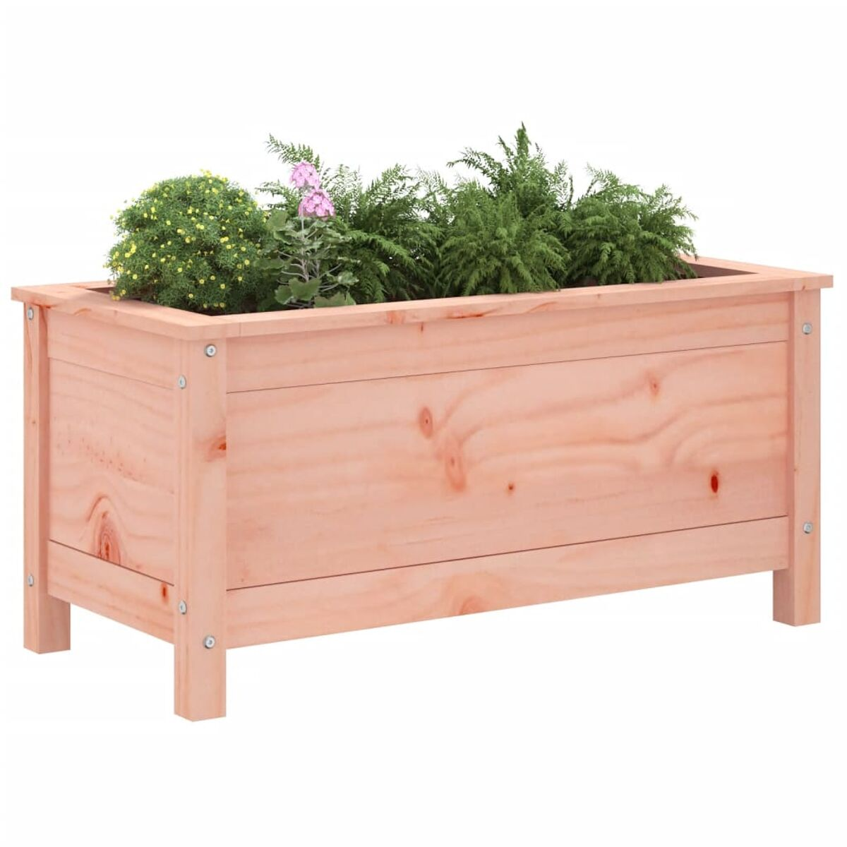 Rechteckiger Holzpflanzkasten gefüllt mit Blumen und Grünpflanzen.