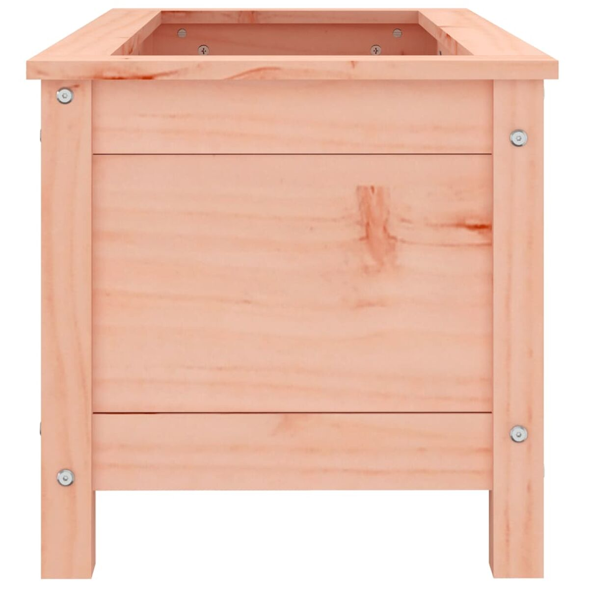 Eine hellbraune Pflanzkasten aus Holz, rechteckig und oben offen. Metallschrauben sind sichtbar.