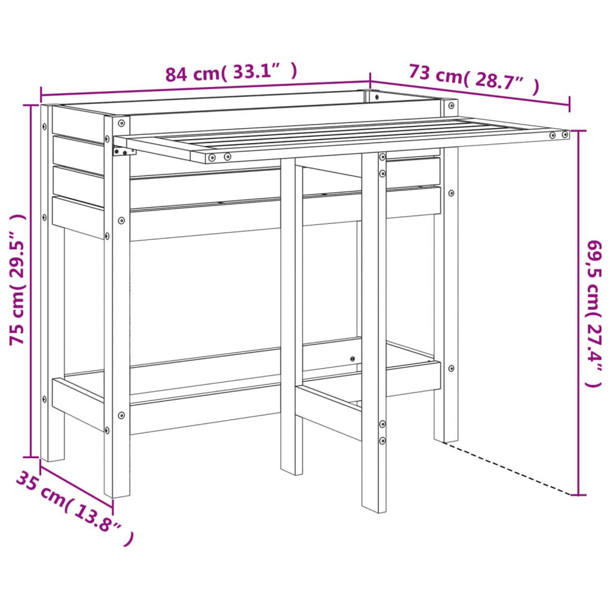 Ein Holztisch mit Abmessungen, mit einem gefalteten Abschnitt.
