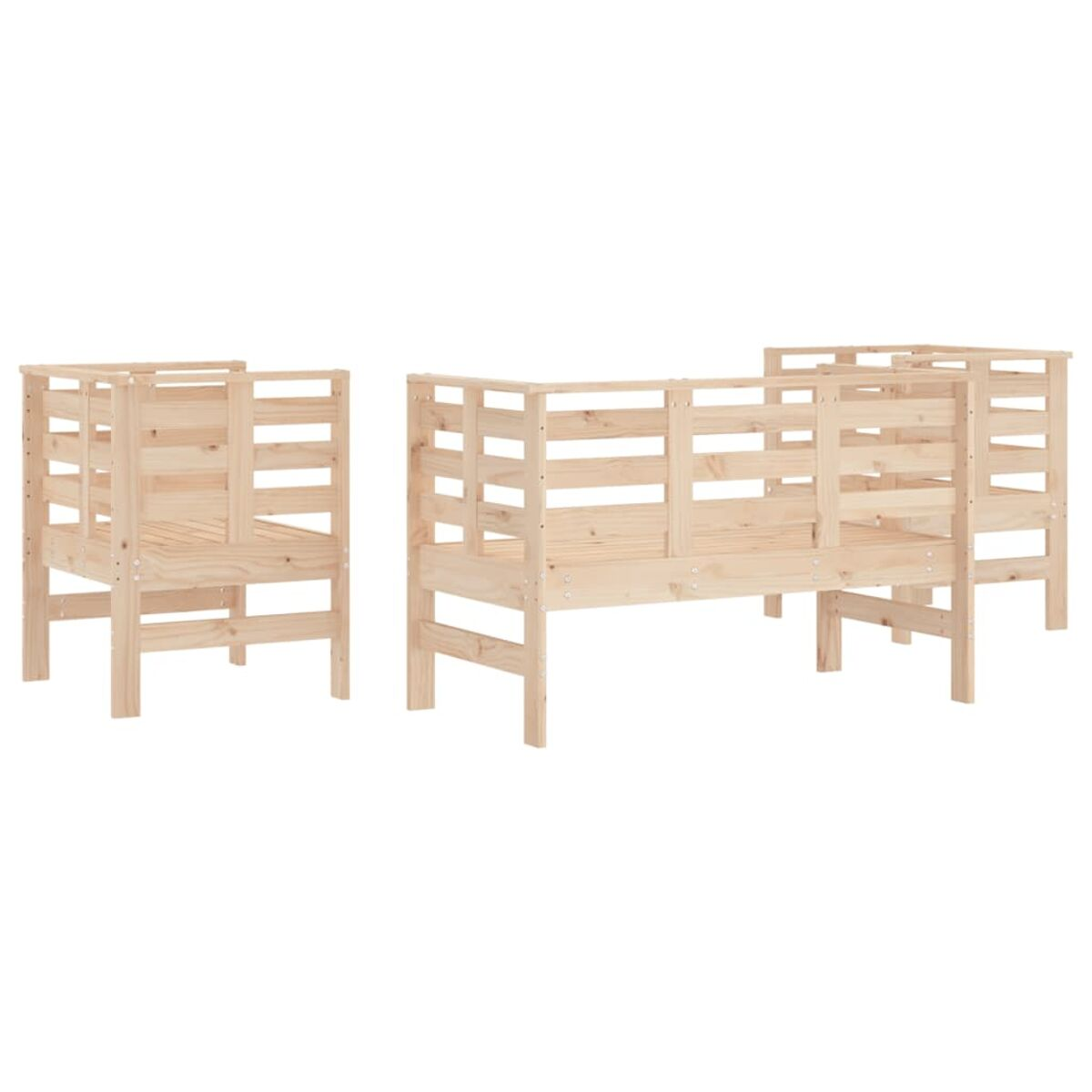 Drei Holzbetten, schlichtes Design mit horizontalen Stangen zur Unterstützung.