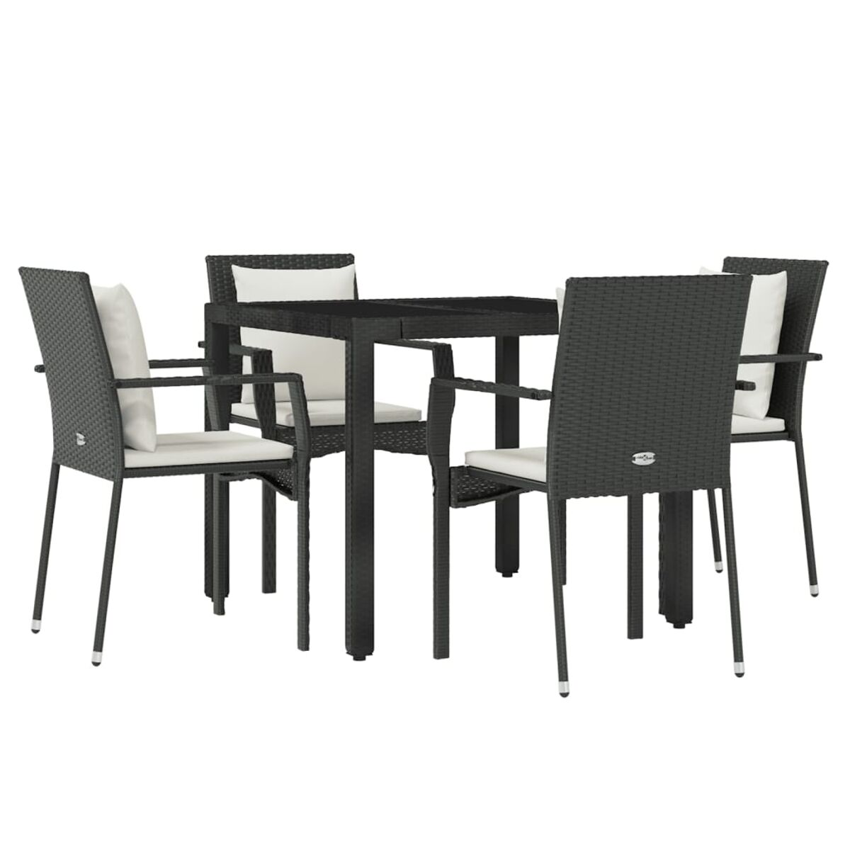 Dunkelgraues Outdoor-Ess-Set aus Korbgeflecht mit vier Stühlen und einem quadratischen Tisch.