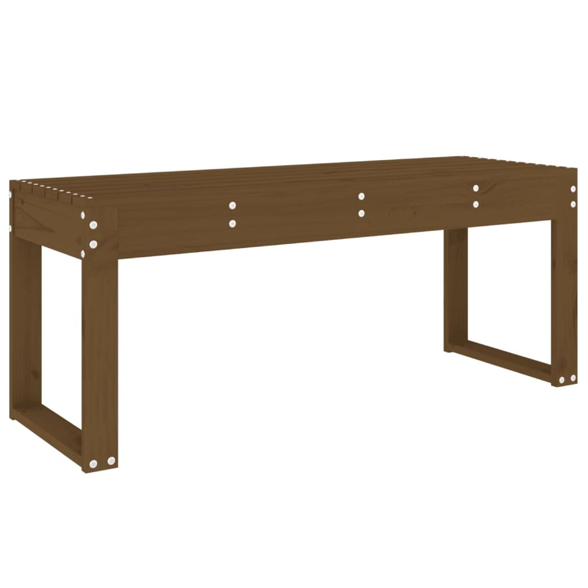 Braune Holzbank. Sie hat eine Sitzfläche aus Latten und stabile Beine. Weißer Hintergrund.