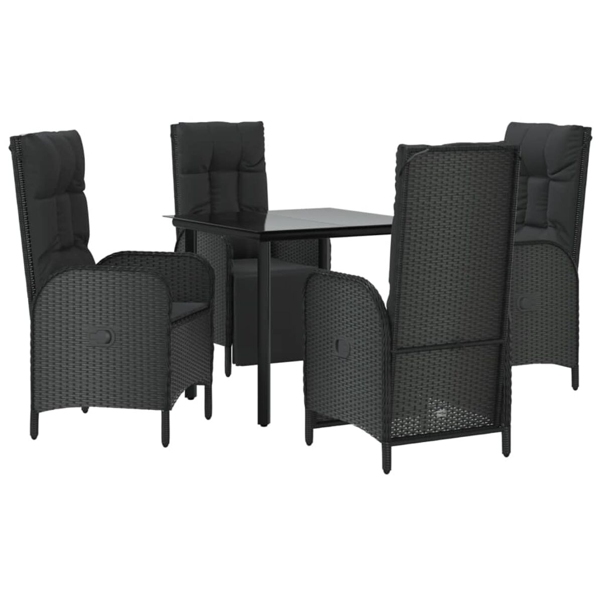 Schwarzes Korbmöbel-Ess-Set mit vier Stühlen und einem Tisch, schwarze Kissen, weißer Hintergrund.