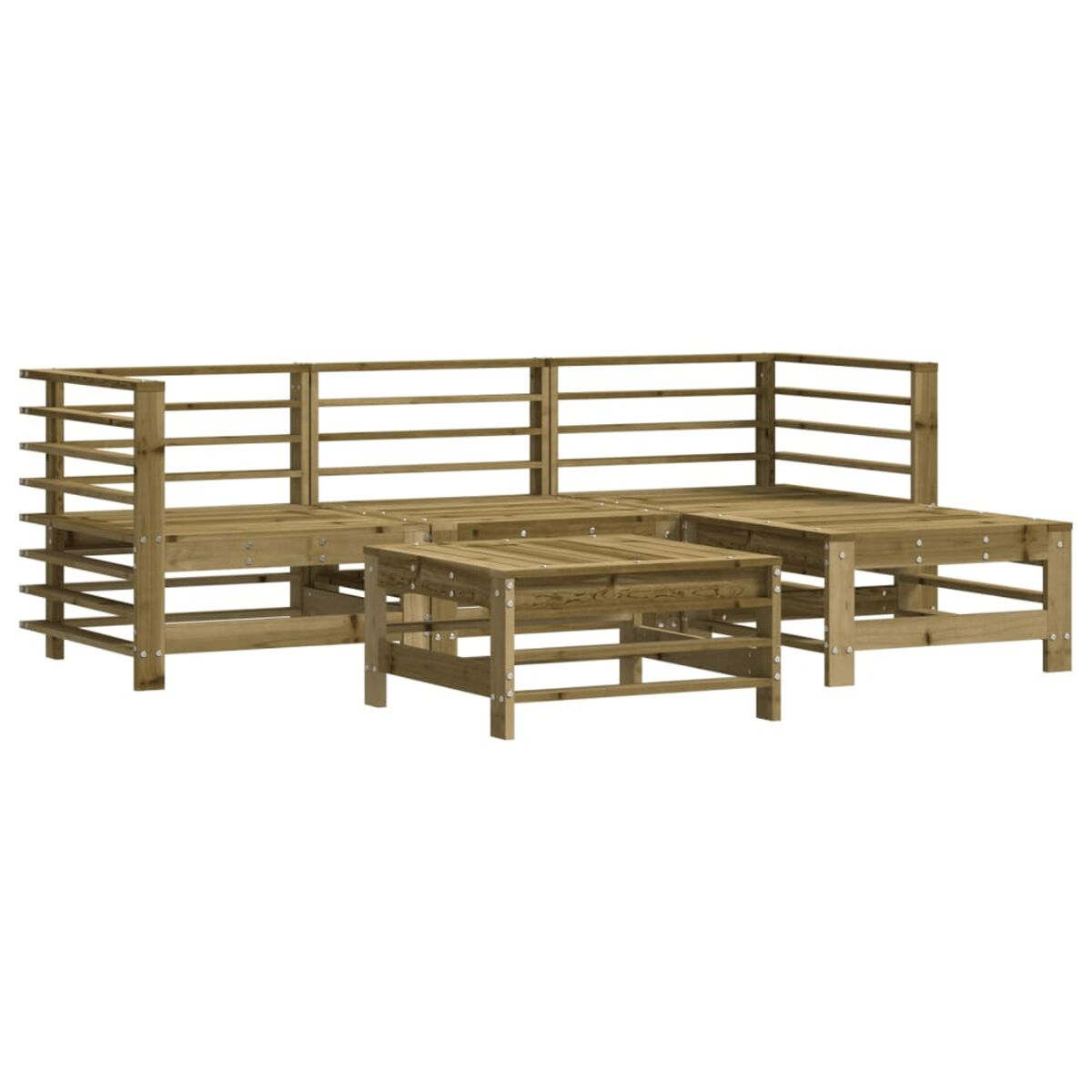 Gartenmöbel-Set aus Holz. Enthält ein Ecksofa und zwei kleine Tische.