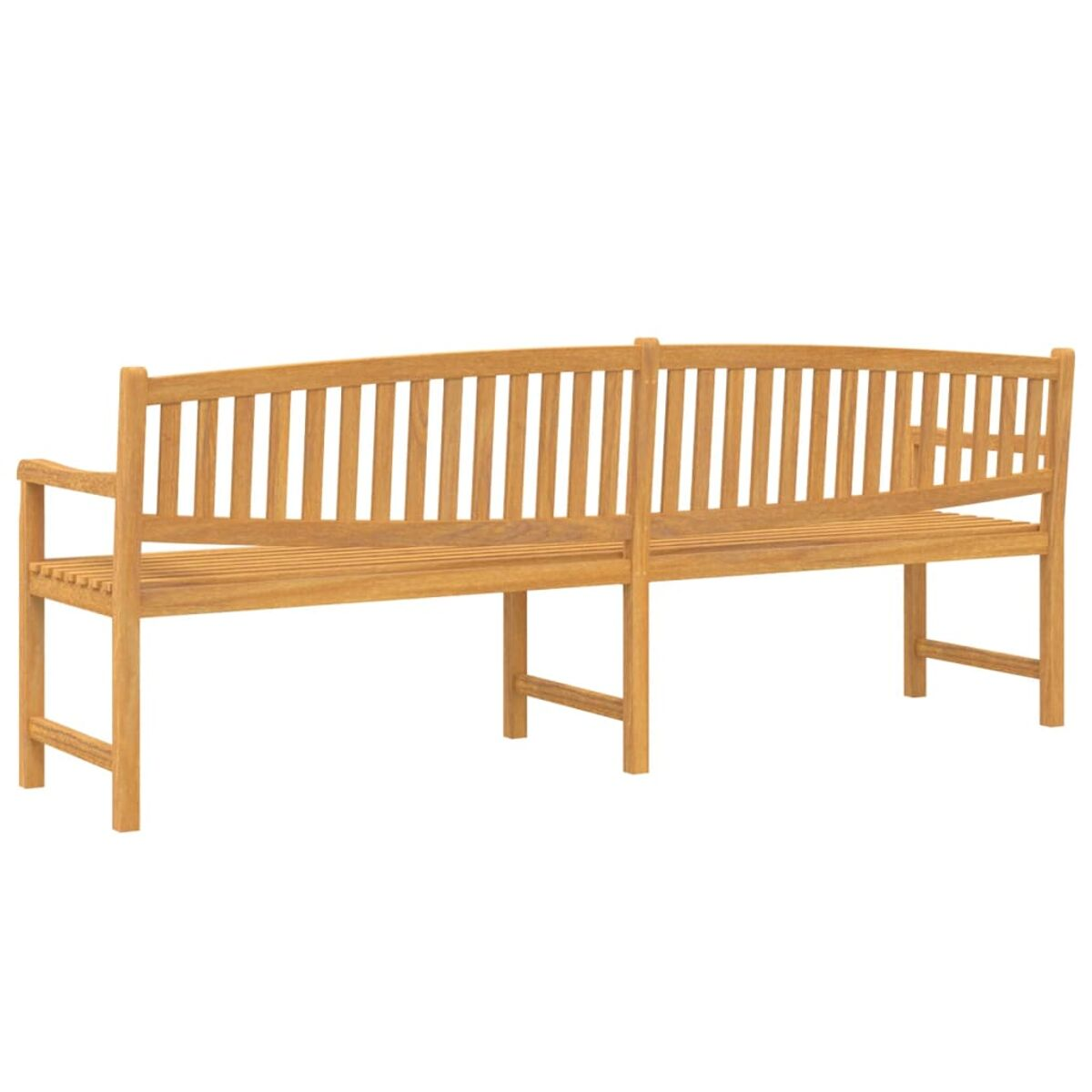 Holzbank mit gebogener Rückenlehne und vertikalen Lamellen, Beinen und Armlehnen, im Studio gezeigt.