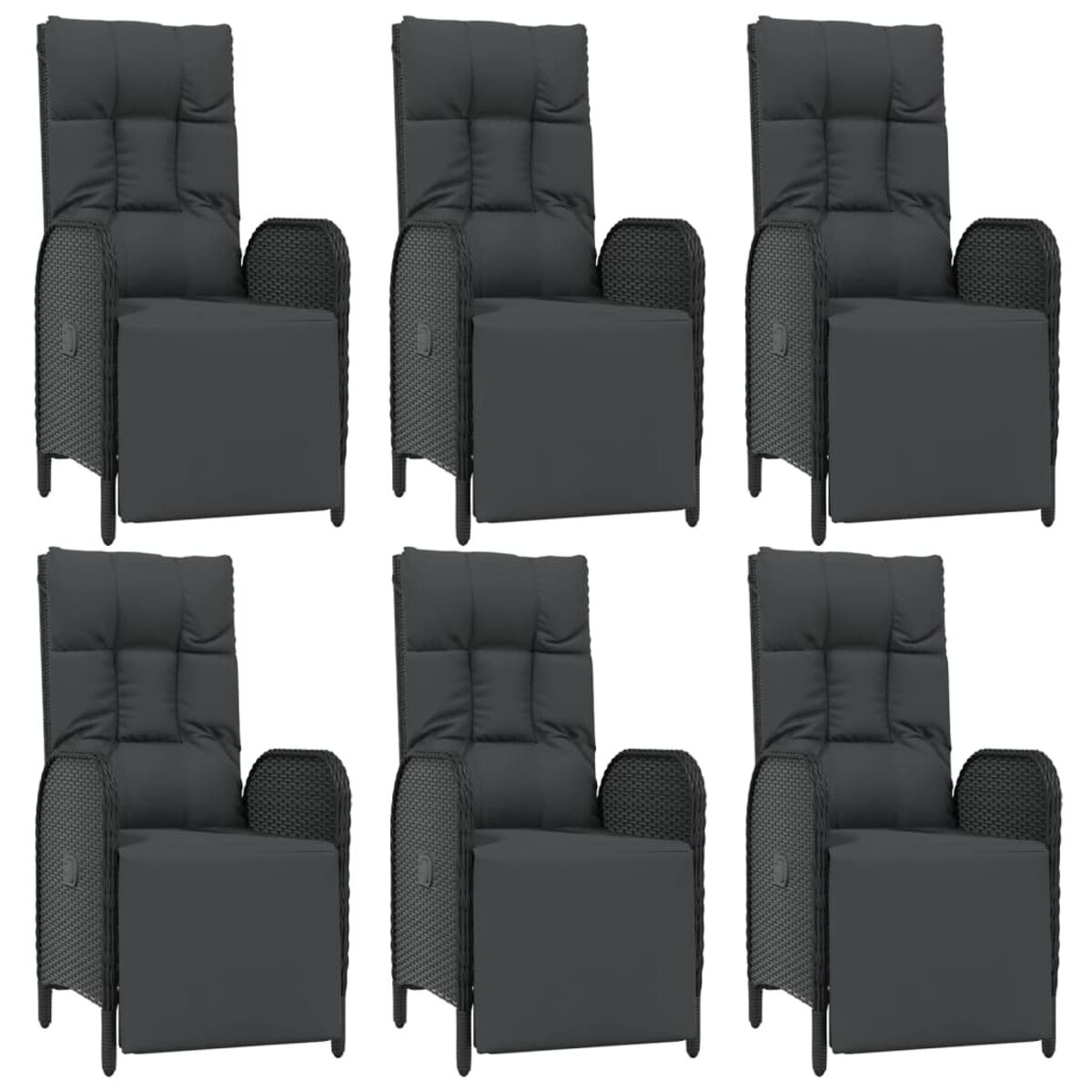 Sechs dunkelgraue Liegestühle. Geflochtene Seiten, dunkelgraue Kissen und Fußstützen.