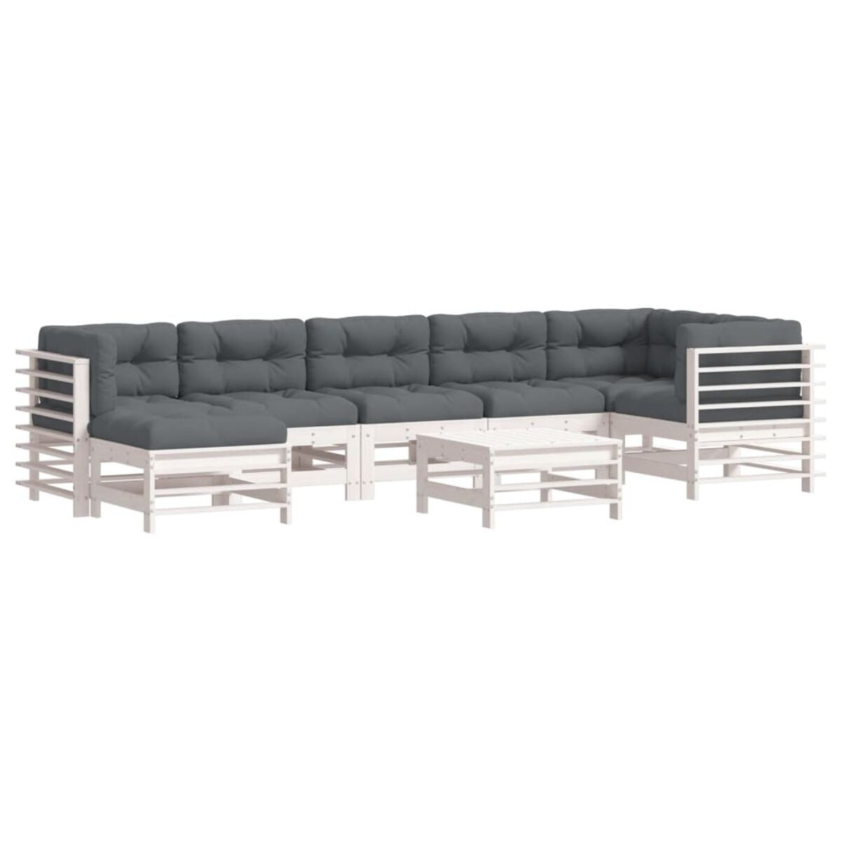 Weißes und graues Ecksofa mit Couchtisch.