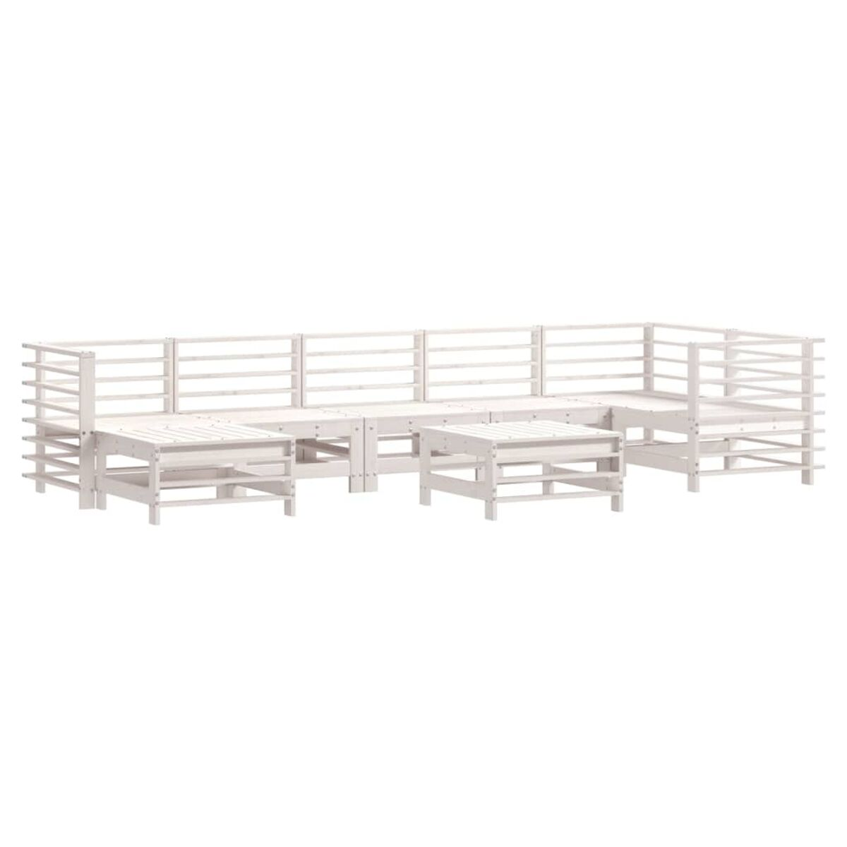 Weißes Outdoor-Sofaset aus Holz mit mehreren Abschnitten, in einer geraden Linie angeordnet.