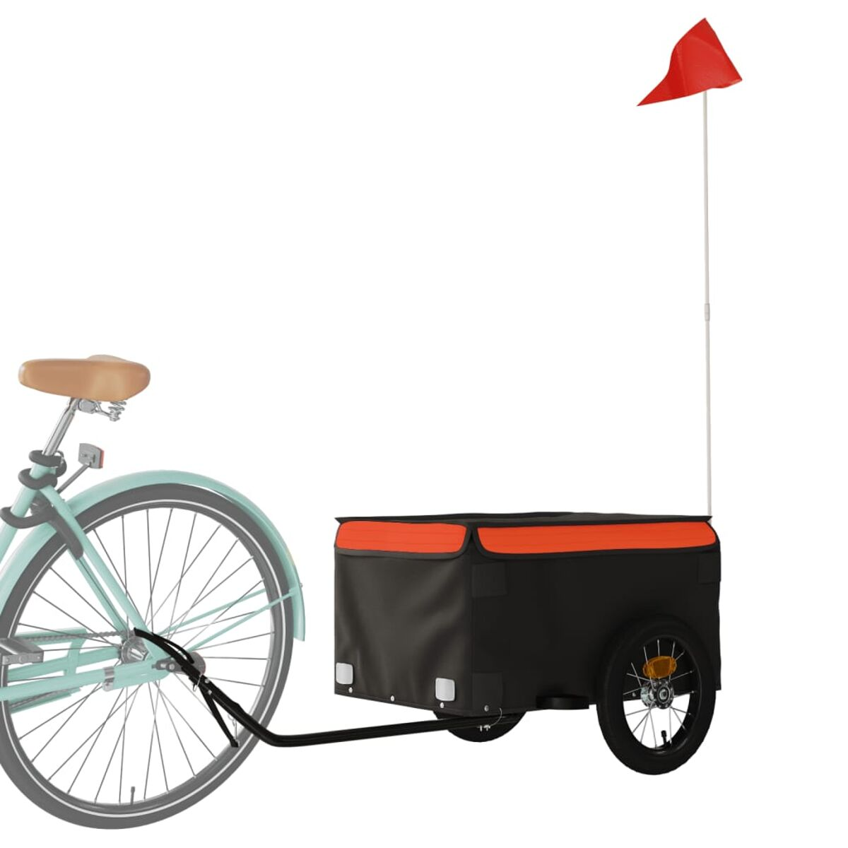 Fahrradanhänger mit roter Flagge und schwarzem Körper.