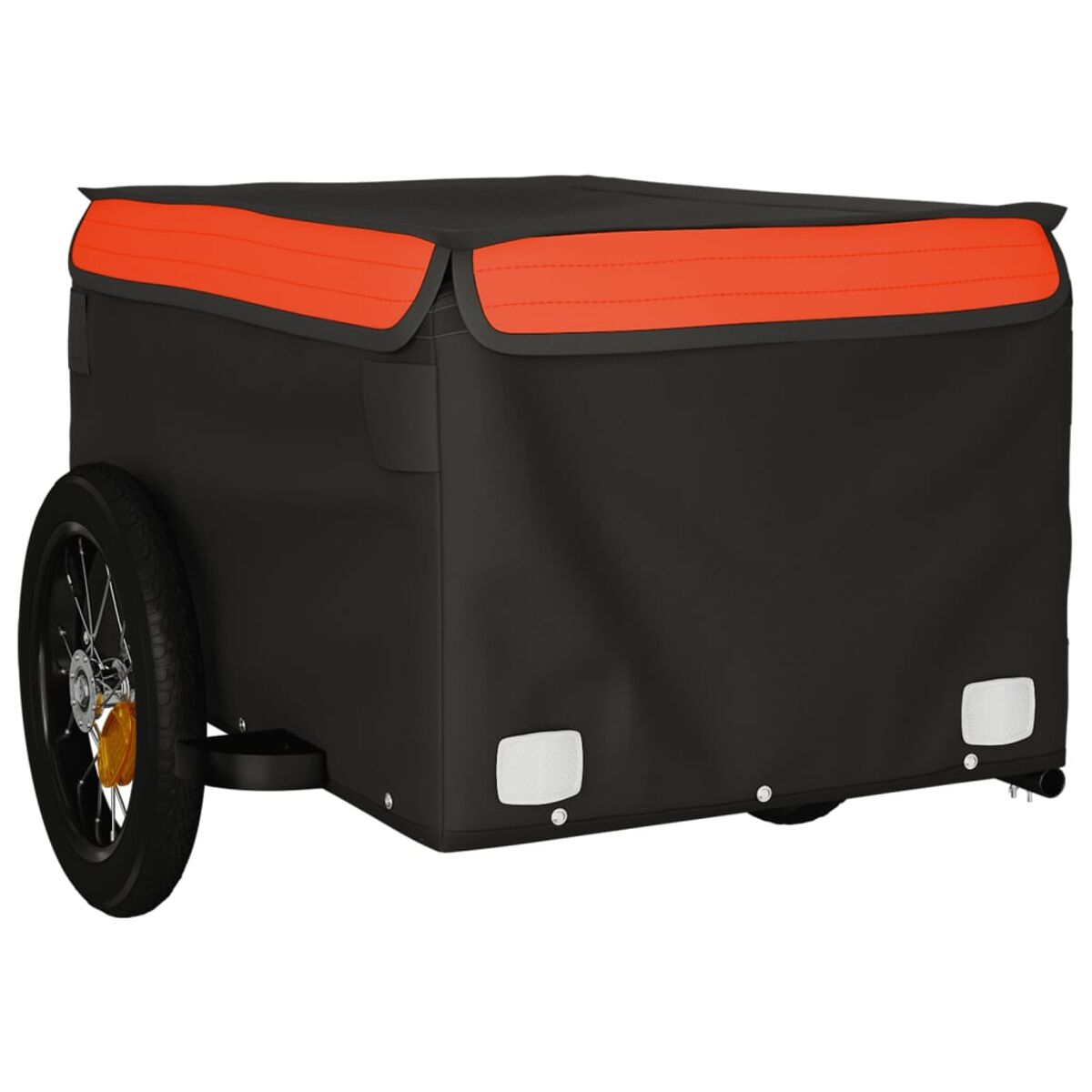 Schwarzer und orangefarbener Cargo-Anhänger mit einem Rad und reflektierenden Lichtern.