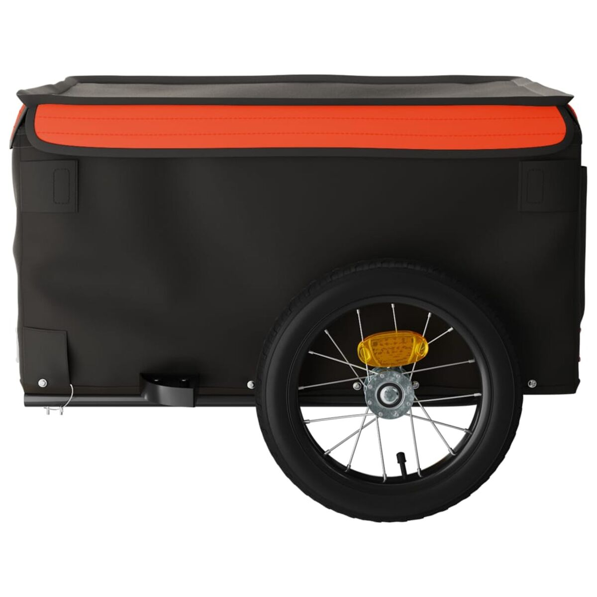 Schwarzer und oranger Lastenanhänger für Fahrräder, mit Rad und reflektierenden Elementen, freigestellt.