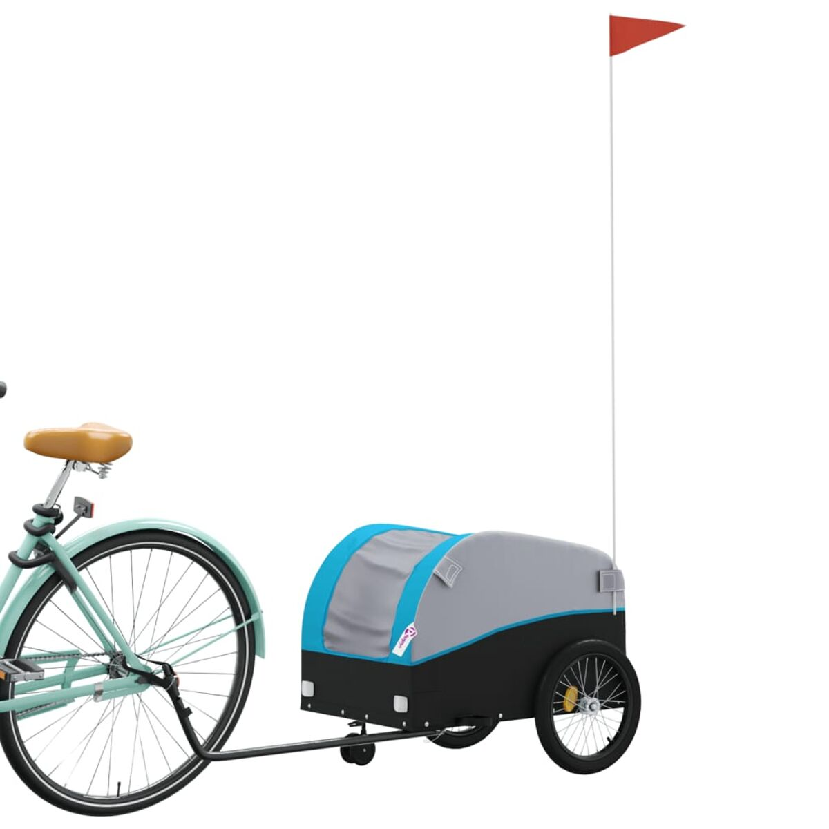 Ein Fahrrad mit einem Fahrradanhänger. Der Anhänger ist grau und blau, hat eine rote Fahne.