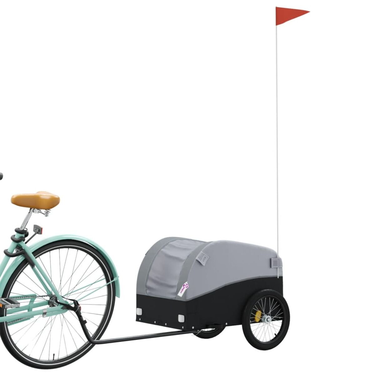 Fahrrad mit Anhänger. Anhänger ist grau und schwarz mit roter Fahne.