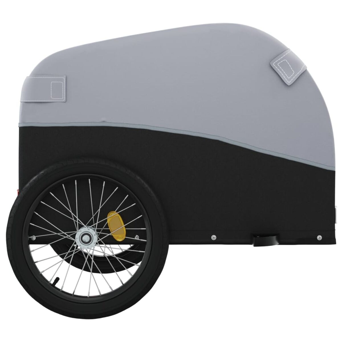 Seitenansicht eines schwarz-grauen Fahrradanhängers mit Rad. Er hat einen gelben Reflektor.
