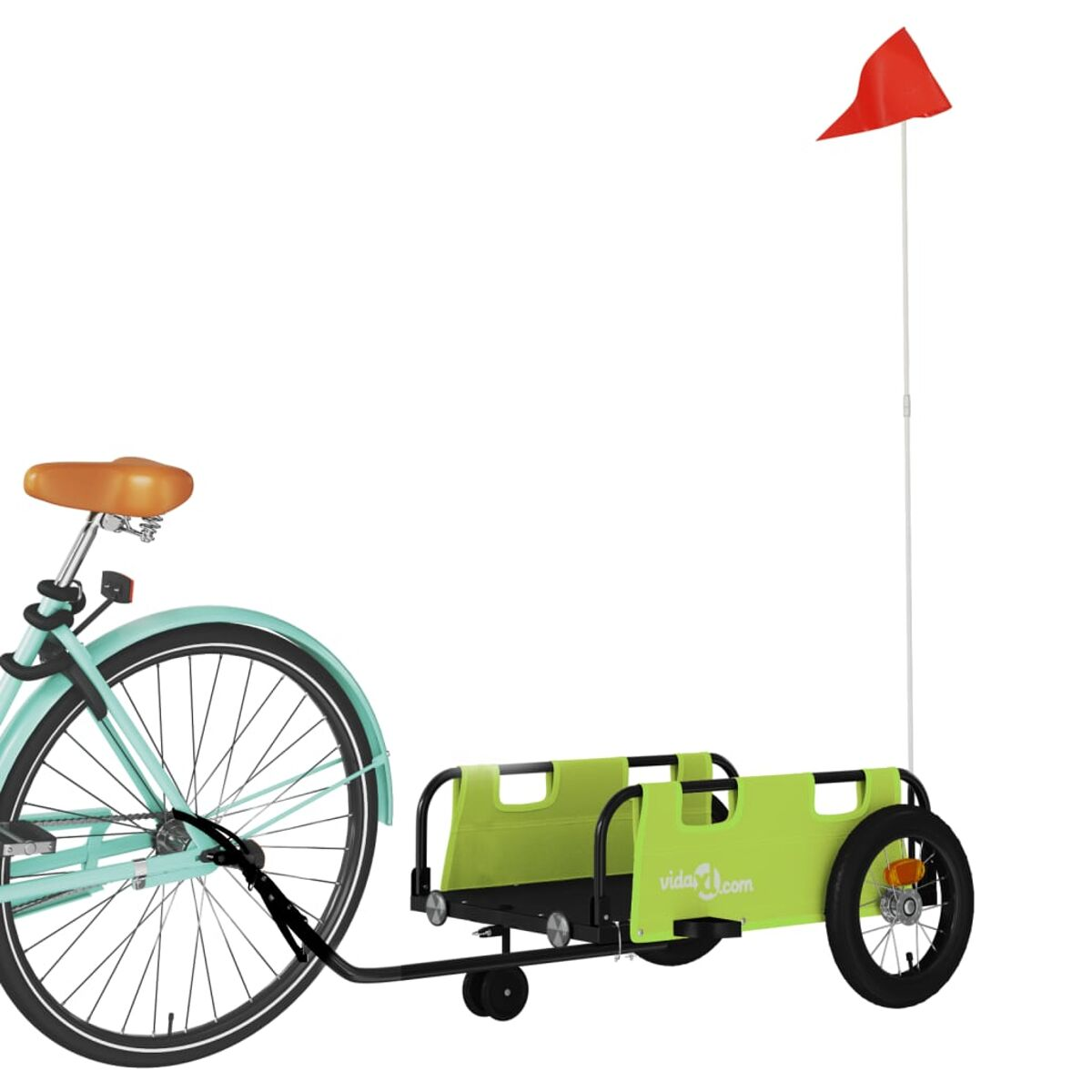 Fahrrad mit Anhänger. Der Anhänger ist grün mit roter Fahne.