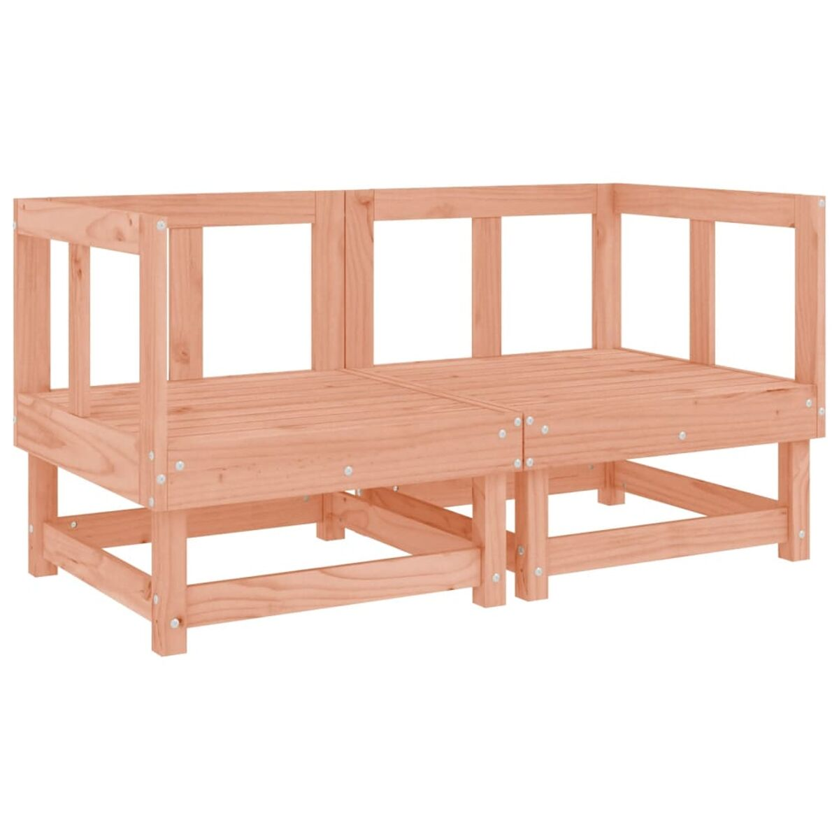 Ein hölzernes Outdoor-Sofa mit zwei Abschnitten. Das Sofa ist aus hellbraunem Holz gefertigt.