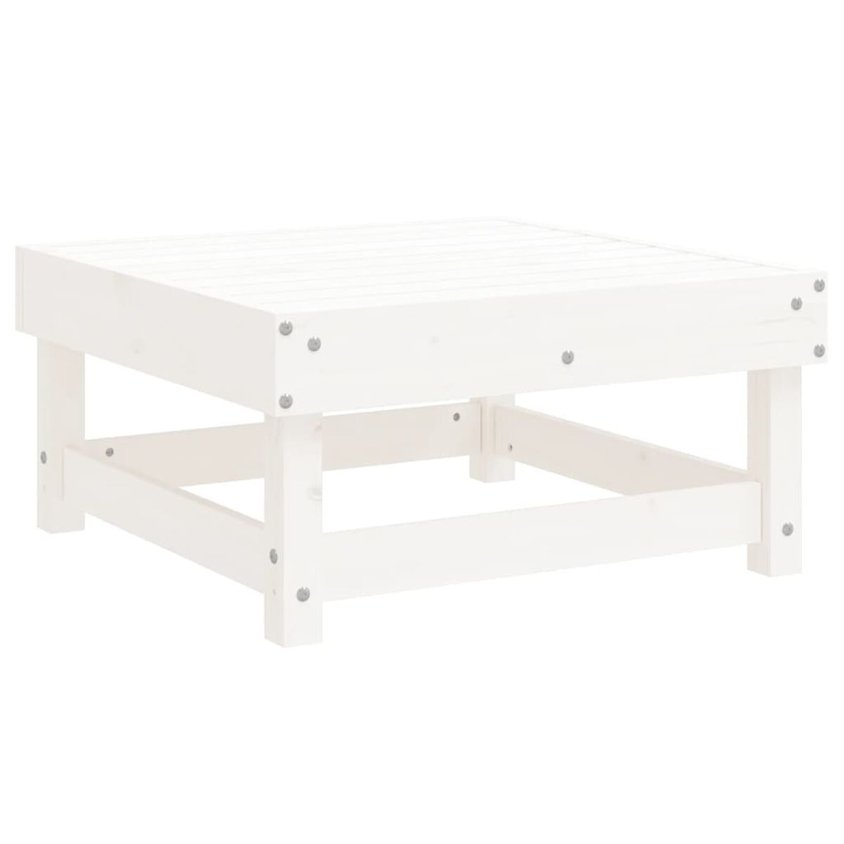 Ein weißer quadratischer Couchtisch mit Lattenrost-Oberfläche und quadratischen Beinen.