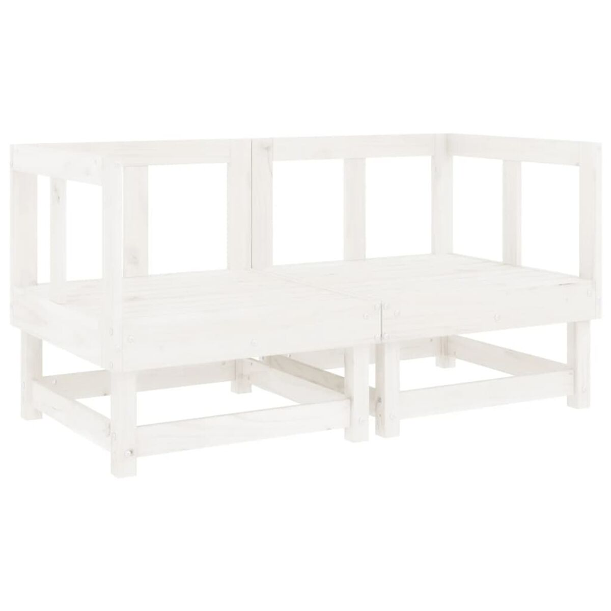 Weißes Holzsofa mit rechteckigem Design. Es hat eine einfache Struktur mit Rückenlehne und Armlehnen.