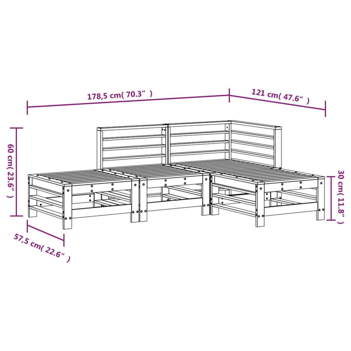 Holz-Ecksofa mit überlagerten Abmessungen. Schlichtes Design, hellbraune Farbe.